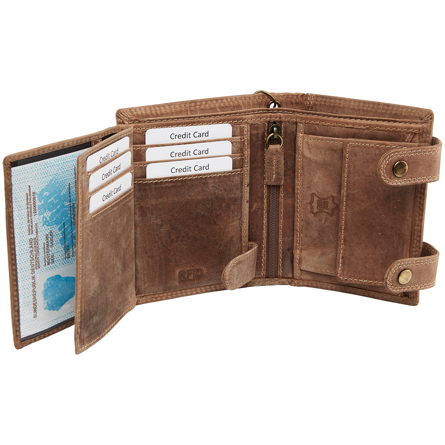 Herren Voll Leder Geldbörse mit RFID und NFC Schutz im Hochformat mit Vintage Leder und Sicherheitskette