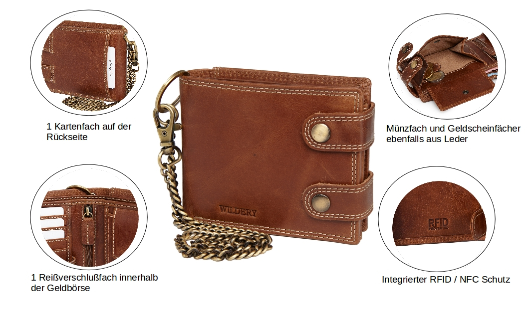 Herren Voll Leder Geldbörse mit RFID und NFC Schutz im Querformat mit Sicherheitskette