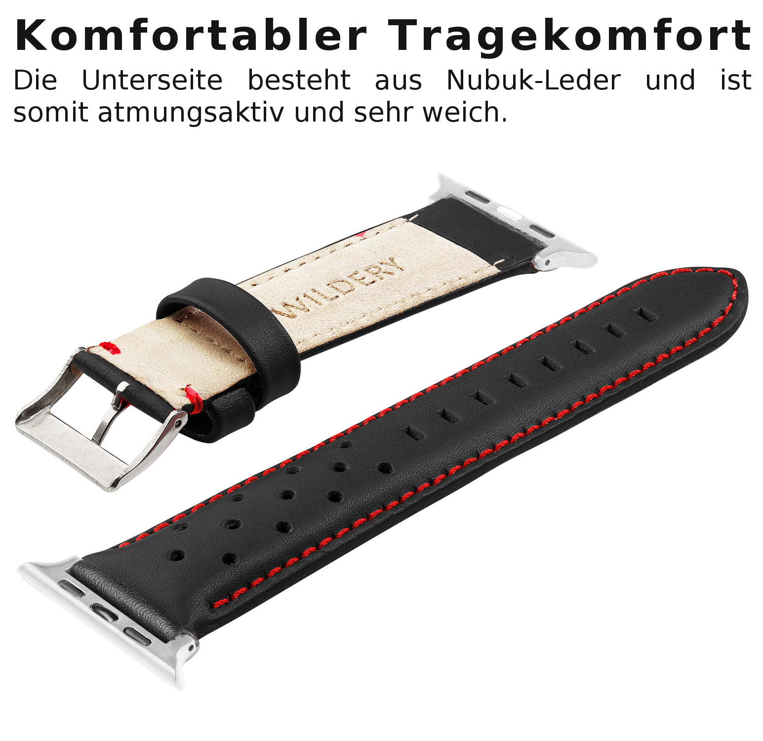 Wildery Ersatz Lederarmband für die Apple Watch Series 1/2/3/SE und 4/5/6/7 mit roten Naht