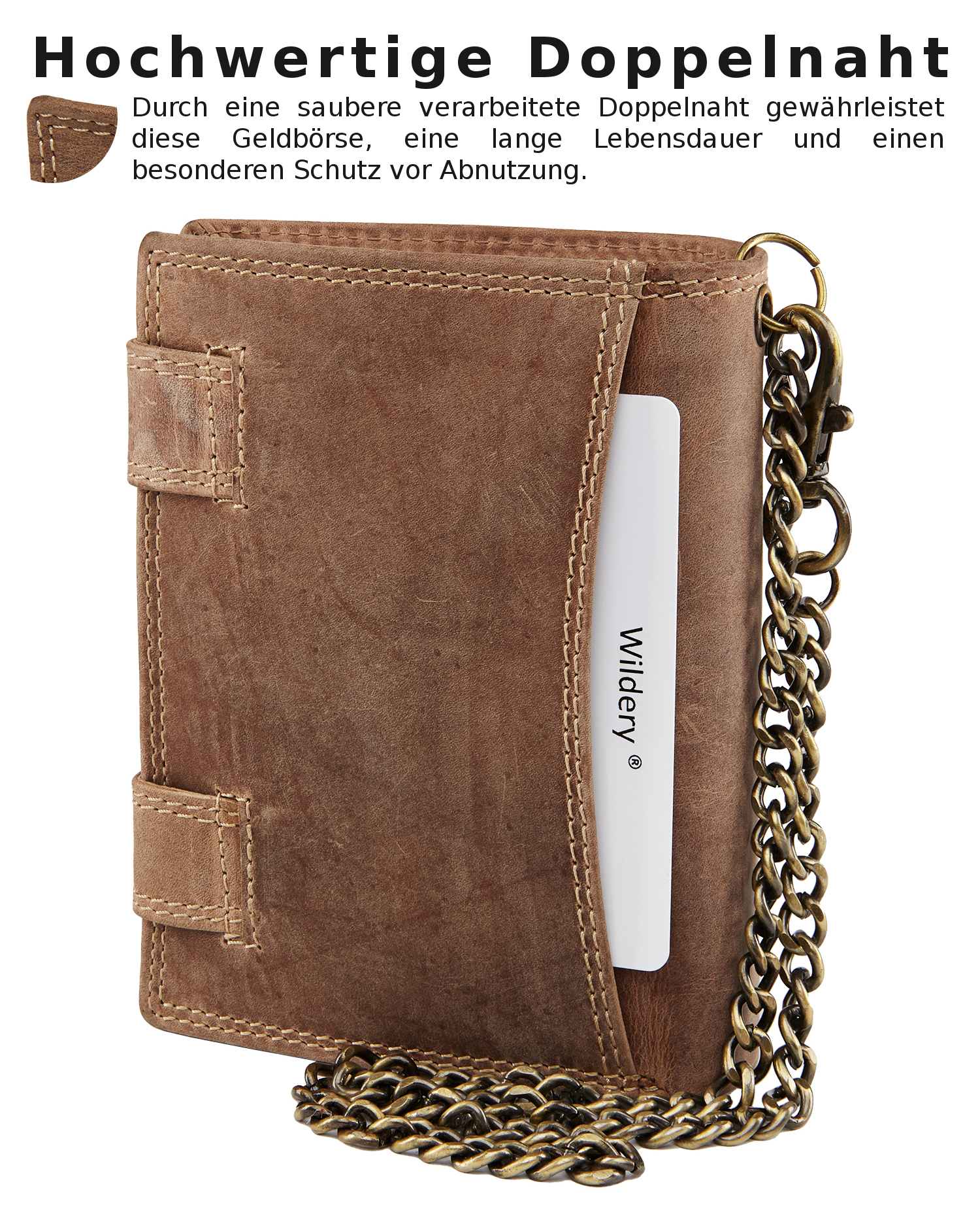 Herren Voll Leder Geldbörse mit RFID und NFC Schutz im Hochformat mit Vintage Leder und Sicherheitskette