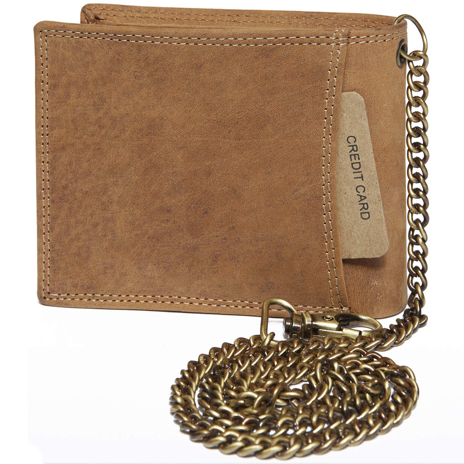 Herren Voll Leder Geldbörse mit RFID und NFC Schutz im Vintage Look mit Sicherheitskette in Beige