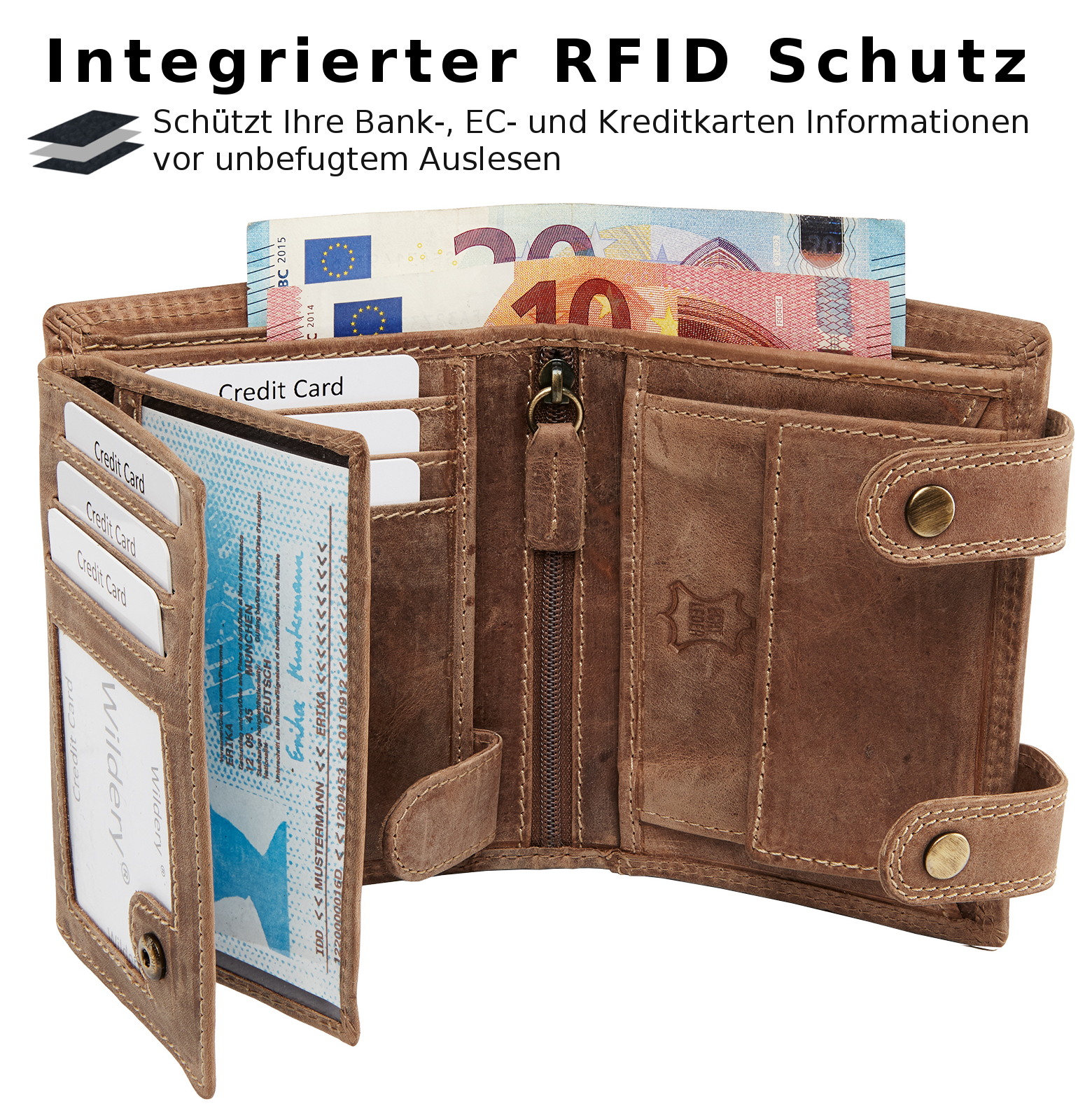 Herren Voll Leder Geldbörse mit RFID und NFC Schutz im Hochformat mit Vintage Leder und Sicherheitskette