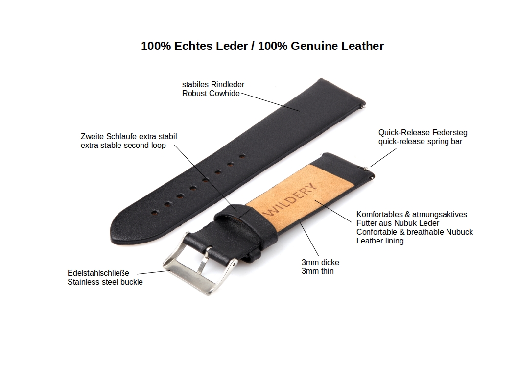 Wildery echt Leder Armband für Samsung Gear S2/S3, Galaxy Watch 42mm, 46mm und Active 1/2 in schwarz